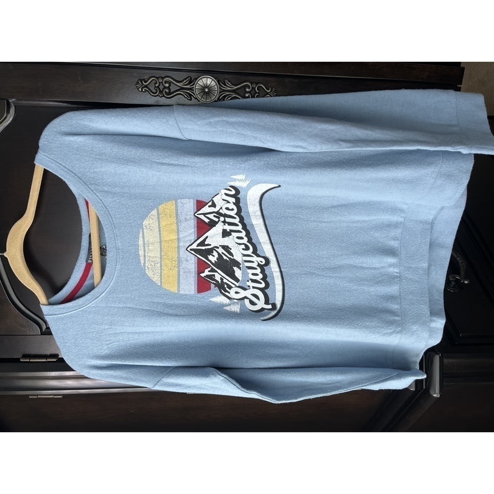 P.J. Salvage "Staycation" Graphic Blue Sweatshirt, Size Large